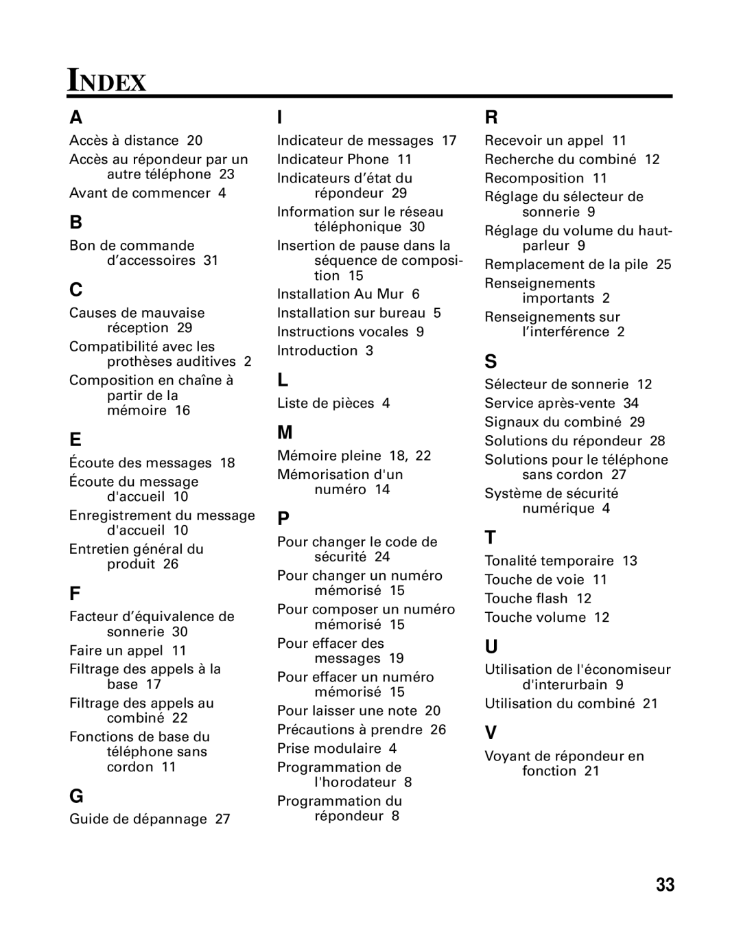 RCA 26790 manual Index 