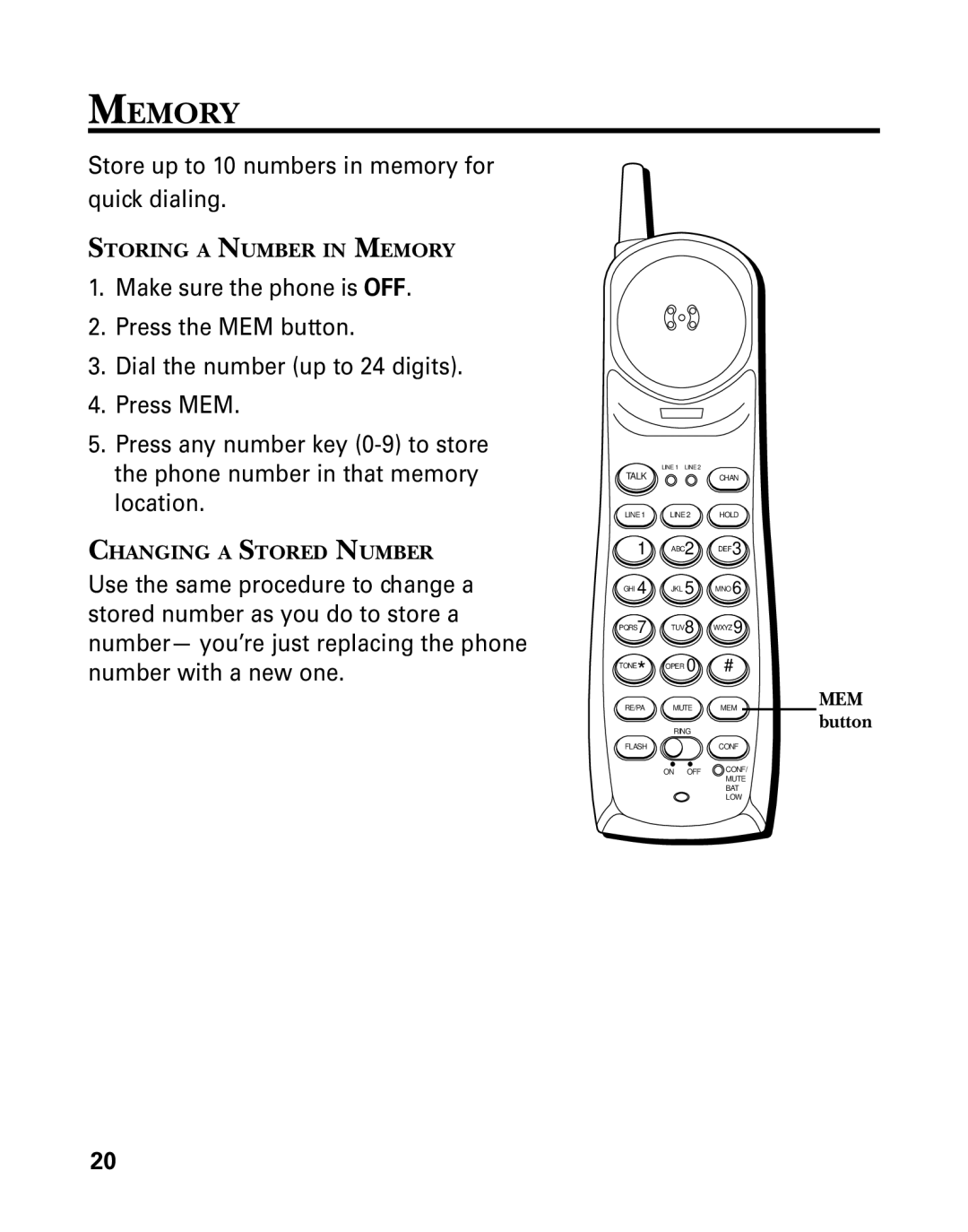 RCA 26925 manual Memory, Store up to 10 numbers in memory for quick dialing 