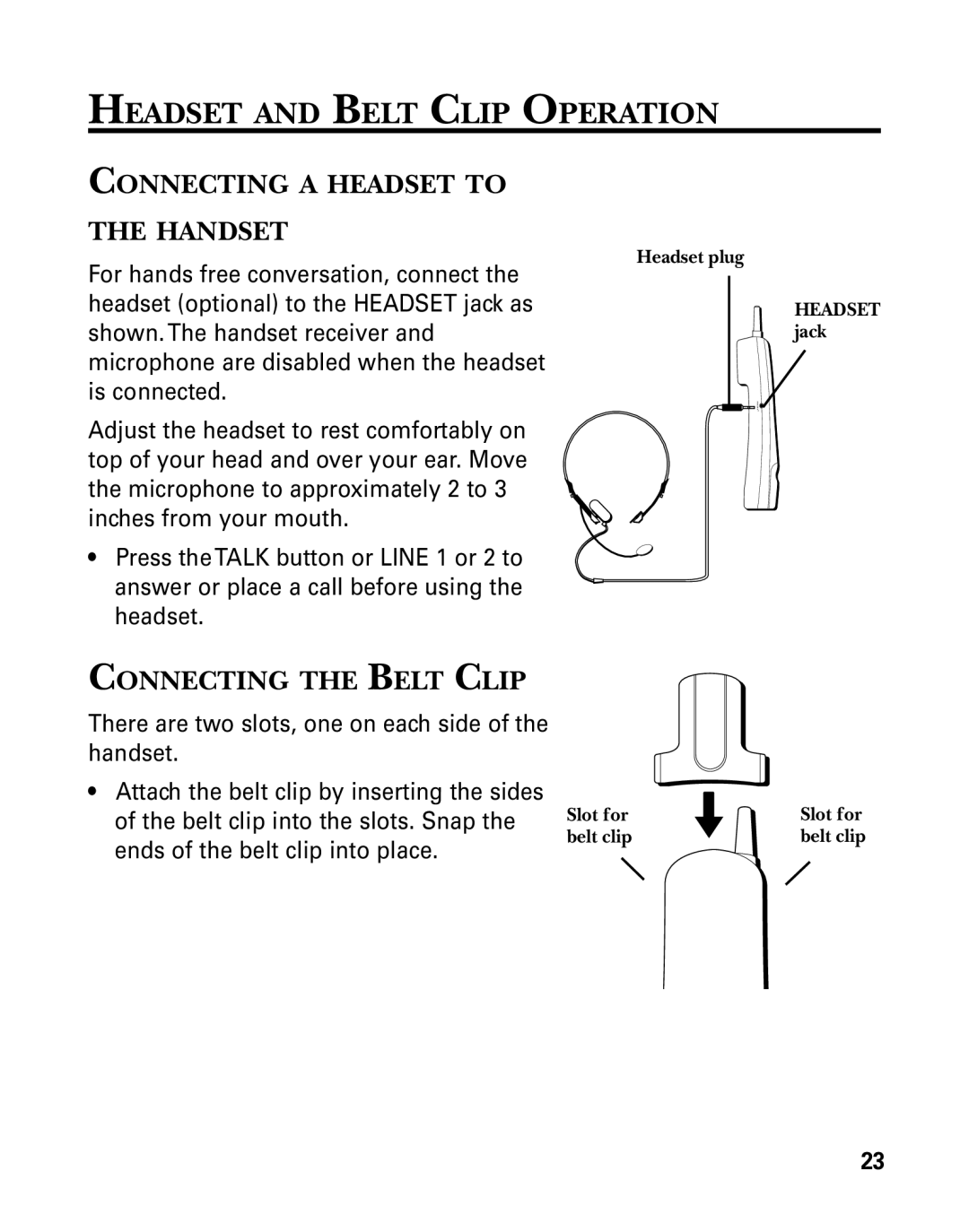 RCA 26925 manual Headset and Belt Clip Operation, Connecting a Headset to Handset, Connecting the Belt Clip 