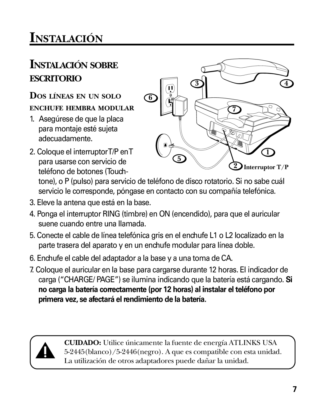 RCA 26925 manual Instalación Sobre Escritorio, Enchufe el cable del adaptador a la base y a una toma de CA 