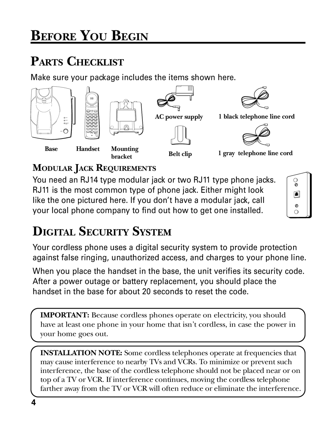 RCA 26925 Before YOU Begin, Parts Checklist, Digital Security System, Make sure your package includes the items shown here 