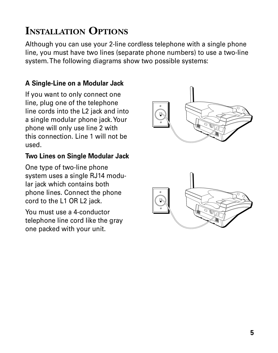 RCA 26925 manual Installation Options, Single-Line on a Modular Jack, Two Lines on Single Modular Jack 