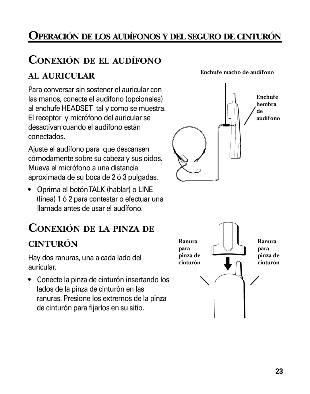 RCA 26925 manual Conexión DE LA Pinza DE Cinturón, Hay dos ranuras, una a cada lado del auricular 