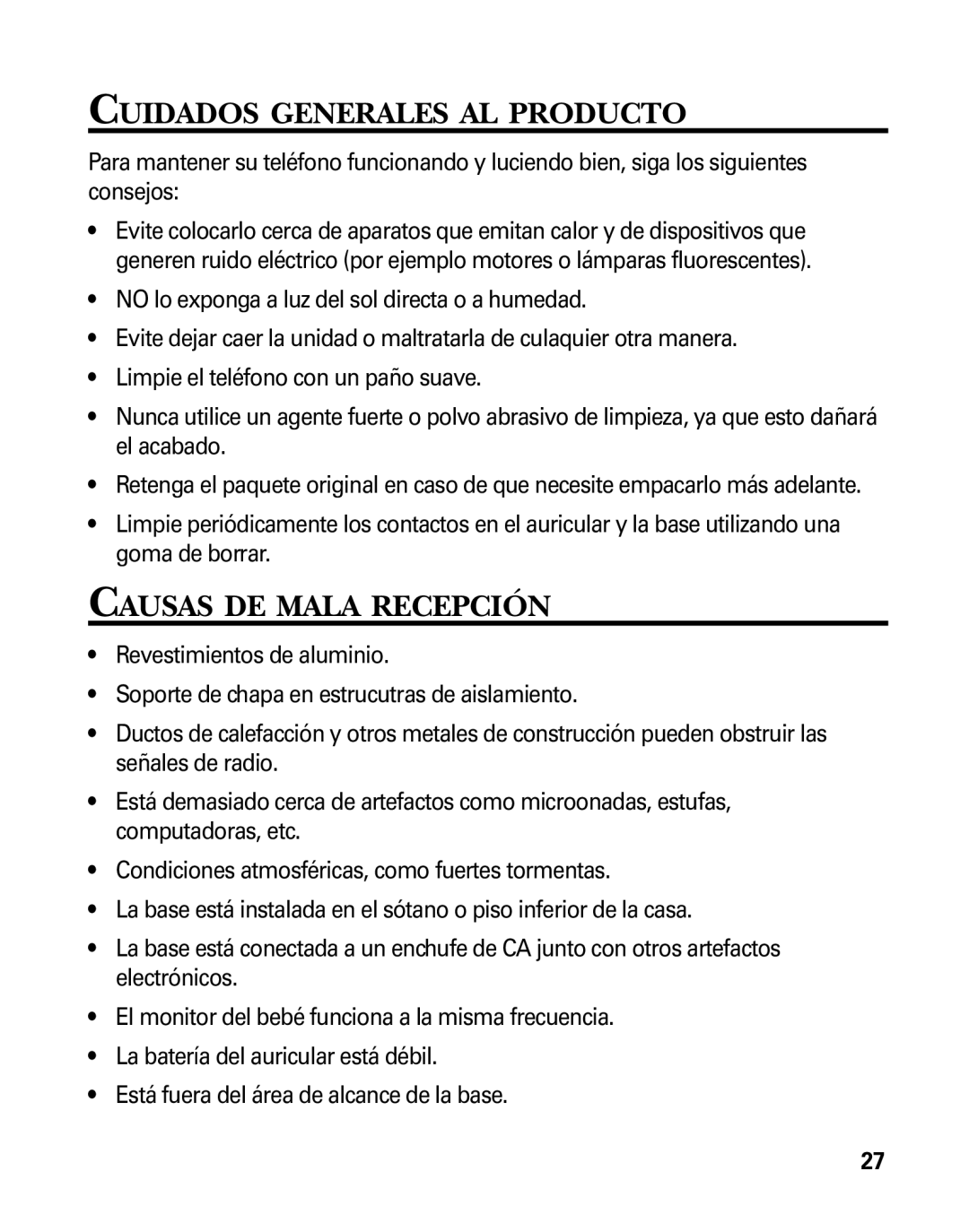 RCA 26925 manual Cuidados Generales AL Producto, Causas DE Mala Recepción 