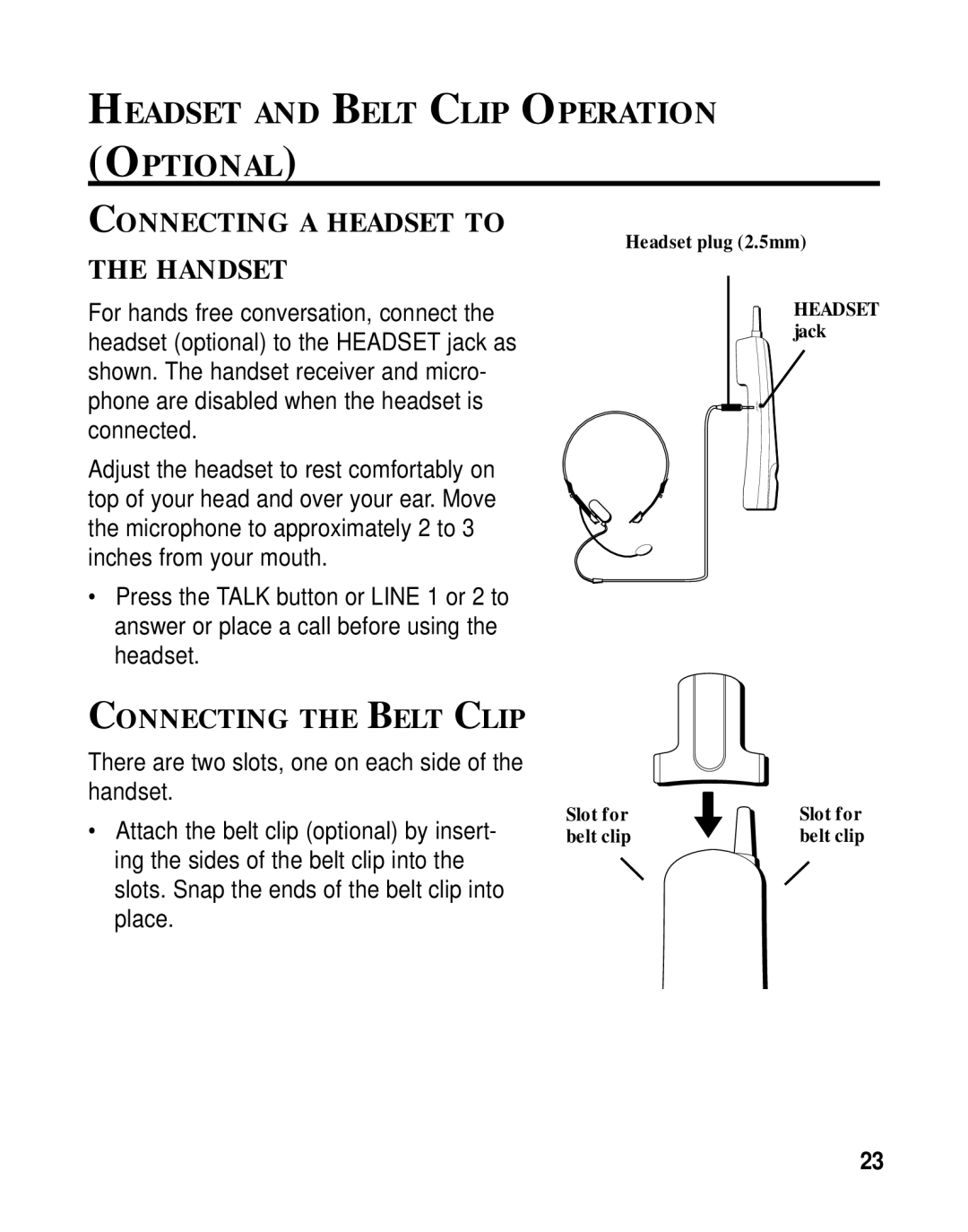 RCA 26925A manual Headset and Belt Clip Operation Optional, Connecting a Headset to, Handset, Connecting the Belt Clip 