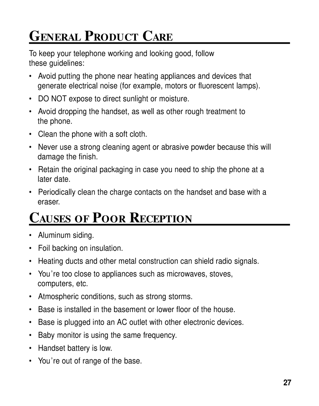 RCA 26925A manual General Product Care, Causes of Poor Reception 