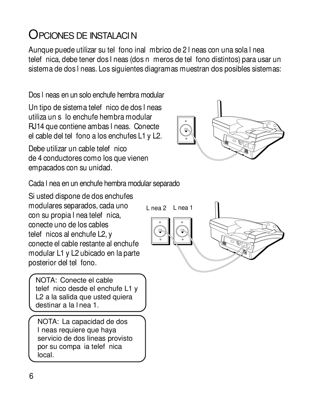 RCA 26925A manual Opciones DE Instalación, Dos líneas en un solo enchufe hembra modular 