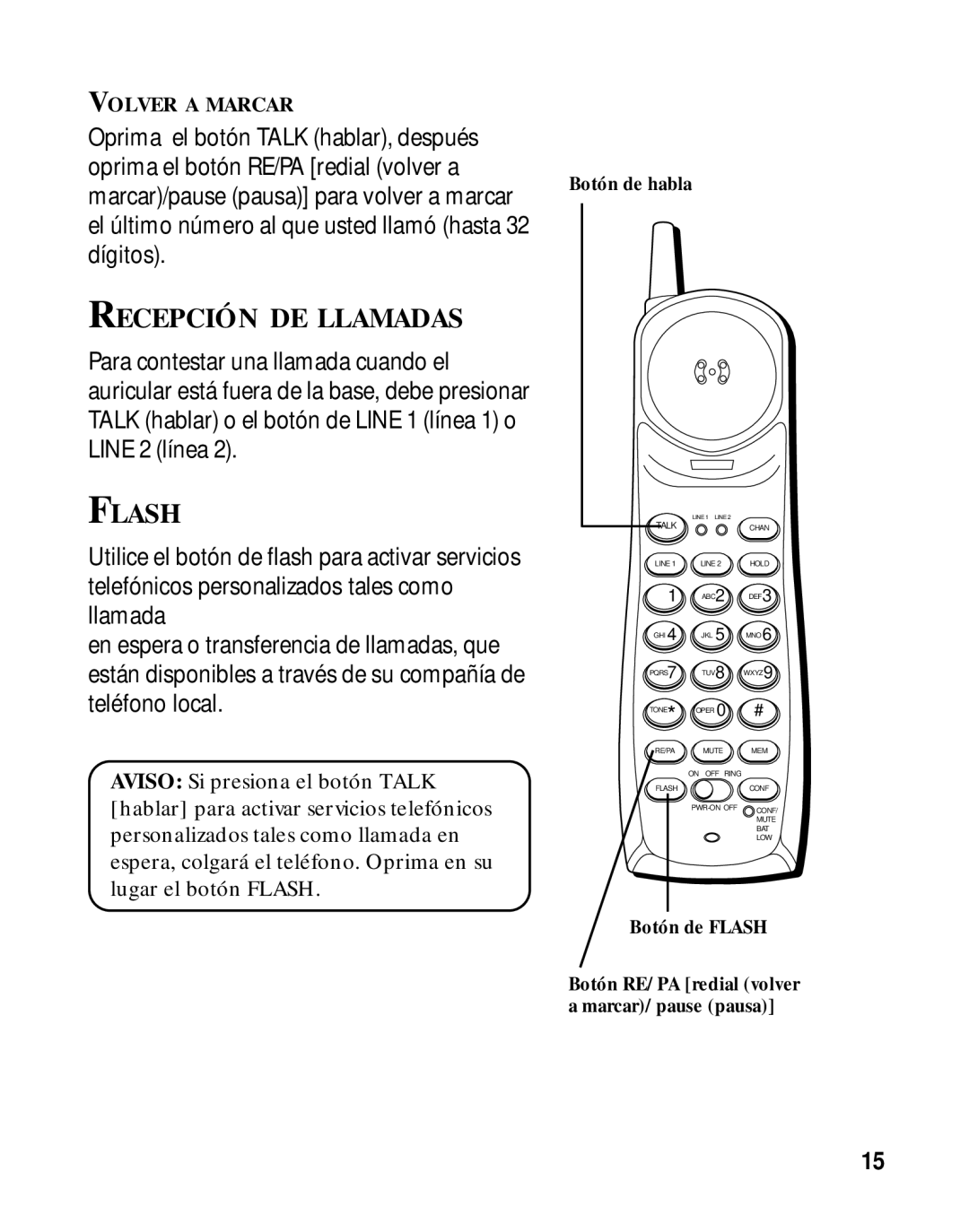 RCA 26925A manual Recepción DE Llamadas, Botón de habla 