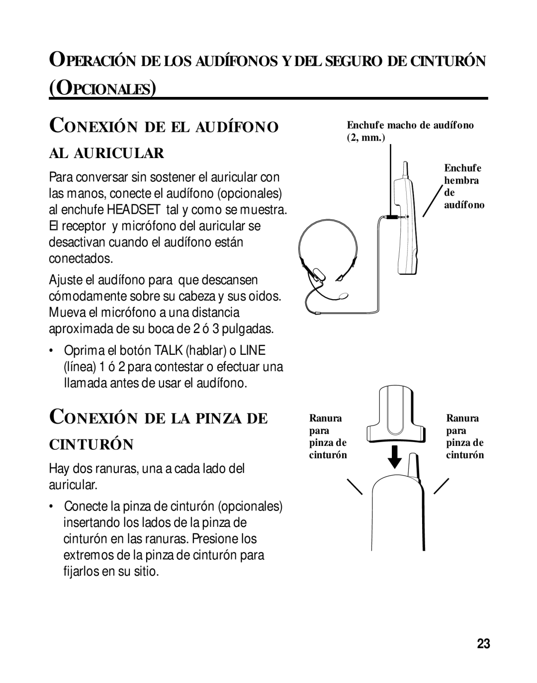 RCA 26925A manual AL Auricular, Conexión DE LA Pinza DE Cinturón 