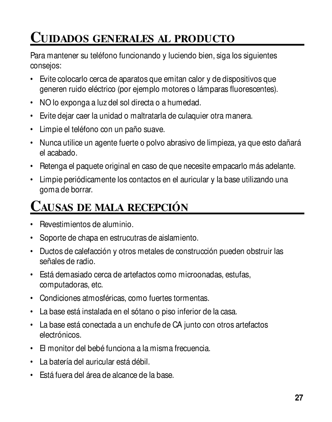 RCA 26925A manual Cuidados Generales AL Producto, Causas DE Mala Recepción 