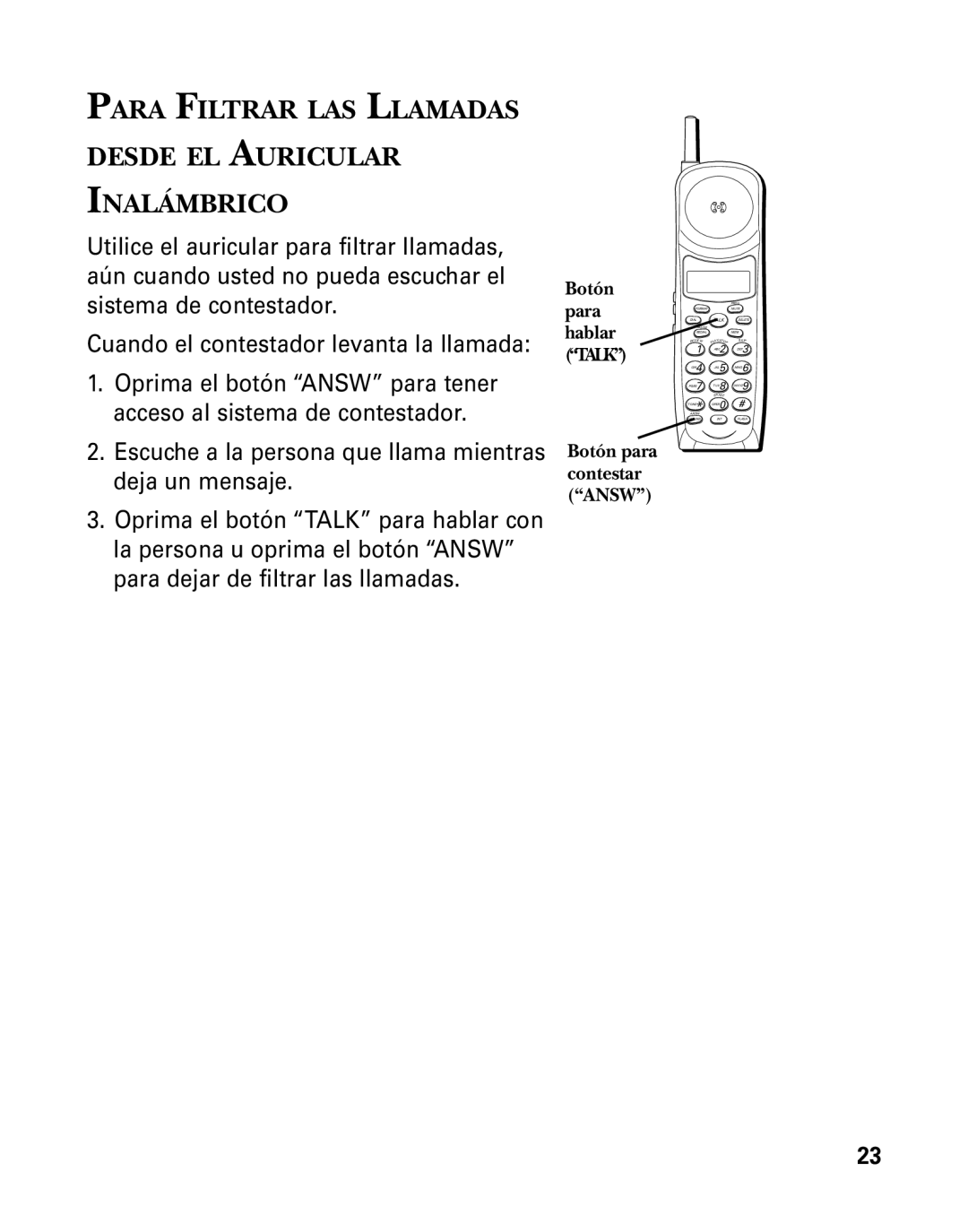 RCA 26958 manual Para Filtrar LAS Llamadas Desde EL Auricular Inalámbrico, Hablar, Talk 