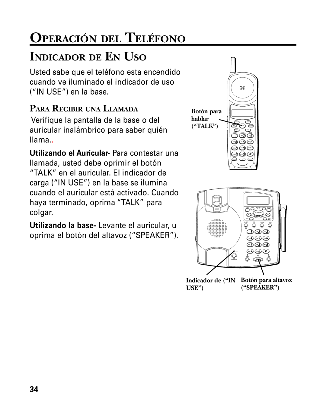 RCA 26958 manual Operación DEL Teléfono, Indicador DE EN USO, Indicador de Botón para altavoz 