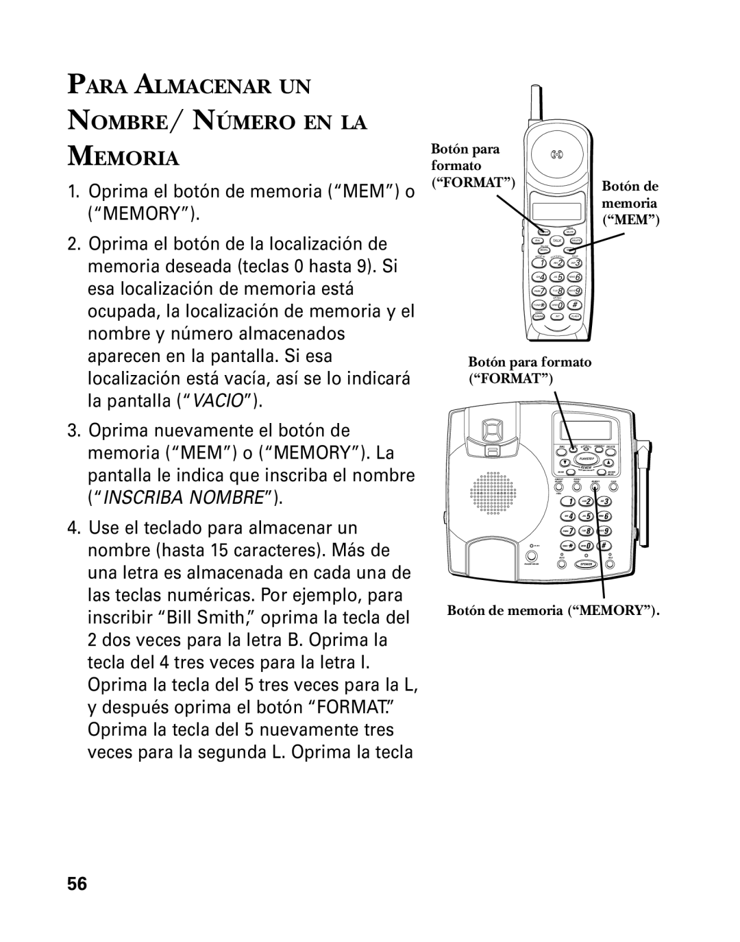 RCA 26958 manual Para Almacenar UN NOMBRE/ Número EN LA Memoria, Botón de memoria MEM, Botón de memoria Memory 