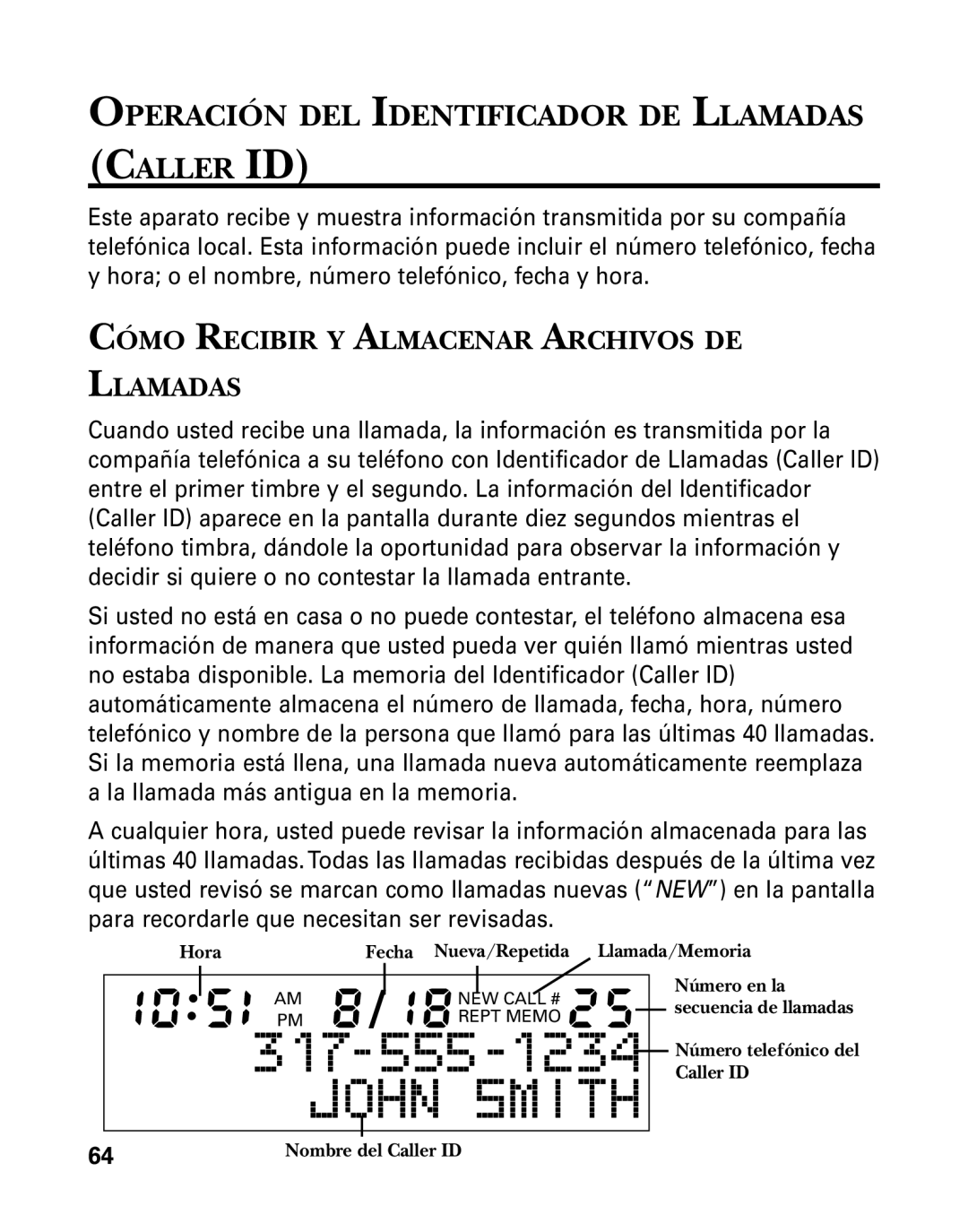 RCA 26958 Operación DEL Identificador DE Llamadas Caller ID, Cómo Recibir Y Almacenar Archivos DE Llamadas, Número en la 