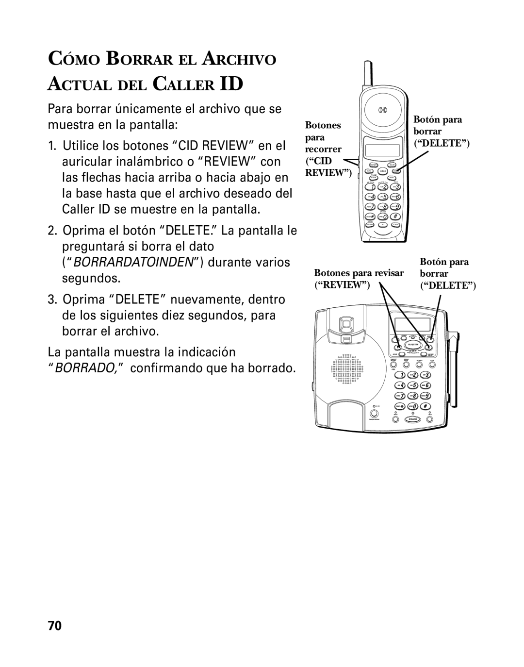 RCA 26958 manual Cómo Borrar EL Archivo Actual DEL Caller ID, Botón para Botones para revisar borrar 