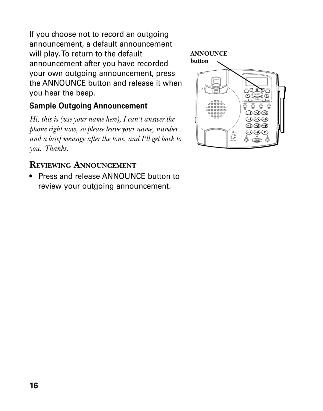 RCA 26958 manual Sample Outgoing Announcement, Announce button 