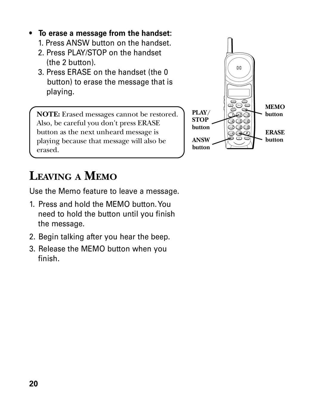 RCA 26958 manual Leaving a Memo, To erase a message from the handset, Memo button Erase button, Button 