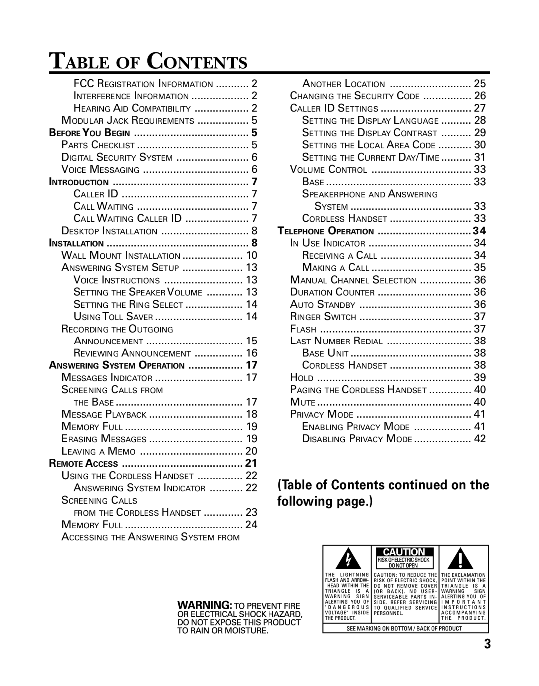 RCA 26958 manual Table of Contents 