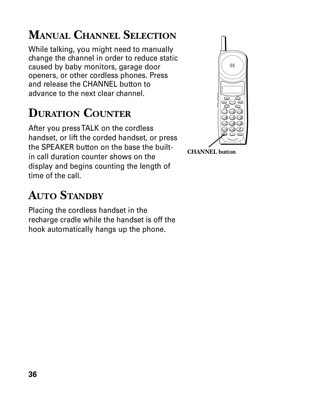 RCA 26958 manual Manual Channel Selection, Duration Counter, Auto Standby, Channel button 