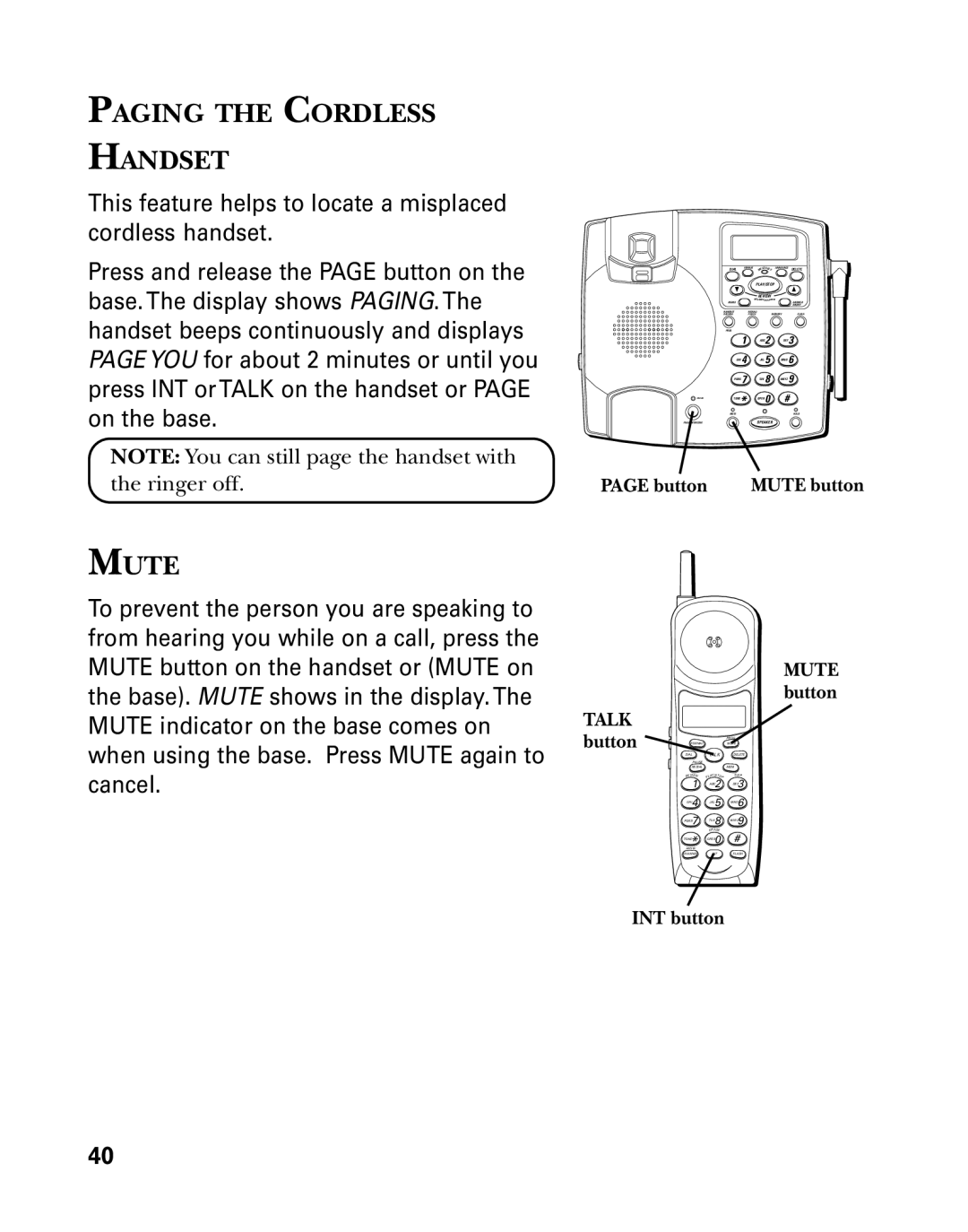 RCA 26958 manual Paging the Cordless Handset, Button, INT button Mute button 