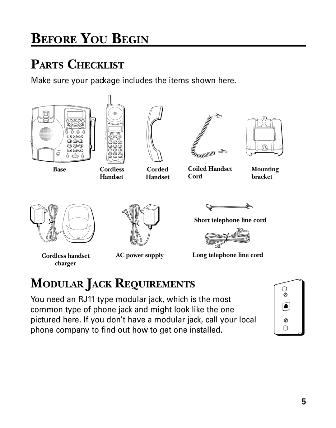 RCA 26958 manual Before YOU Begin, Parts Checklist, Modular Jack Requirements, AC power supply 