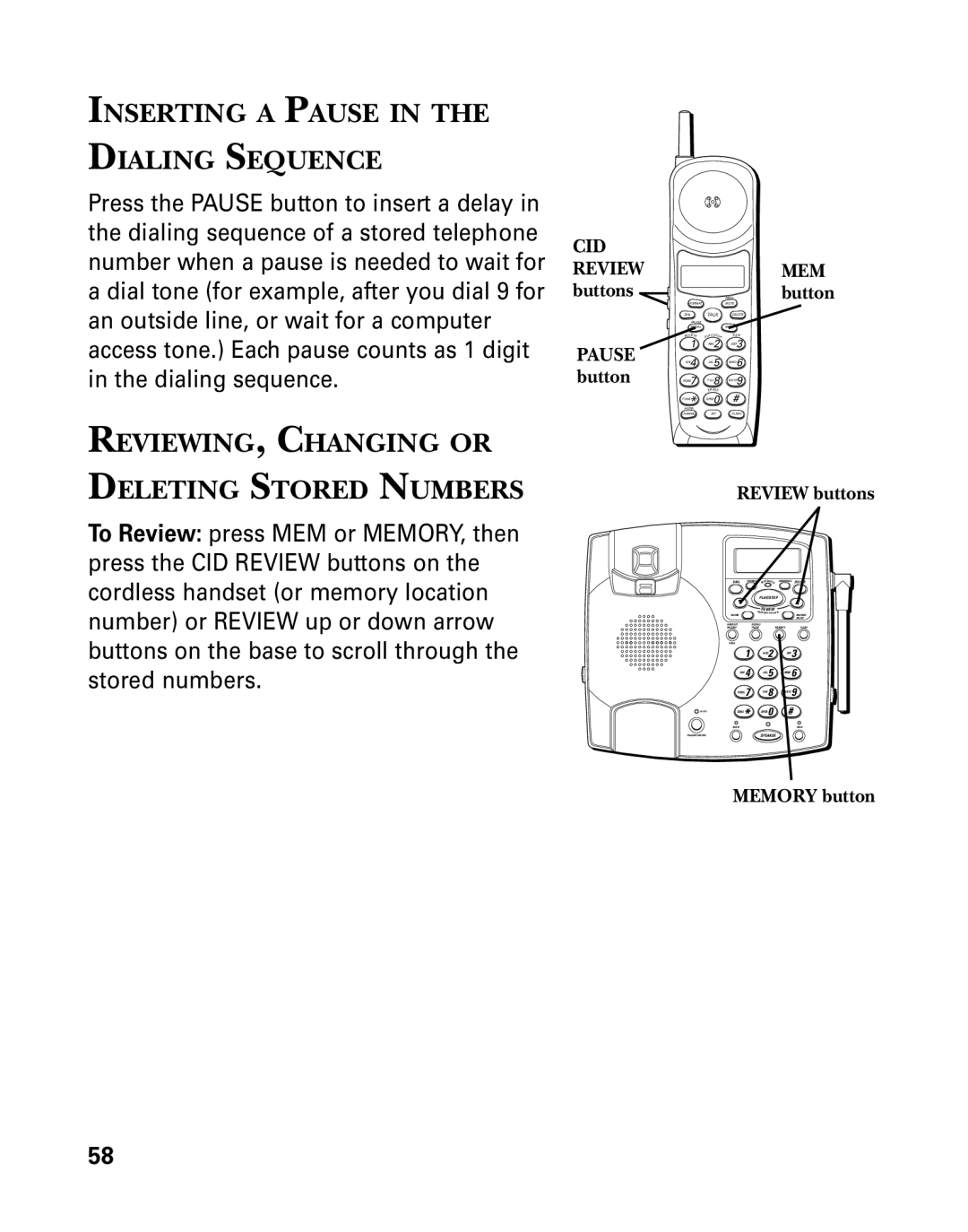 RCA 26958 manual Inserting a Pause Dialing Sequence, REVIEWING, Changing or Deleting Stored Numbers, Buttons 