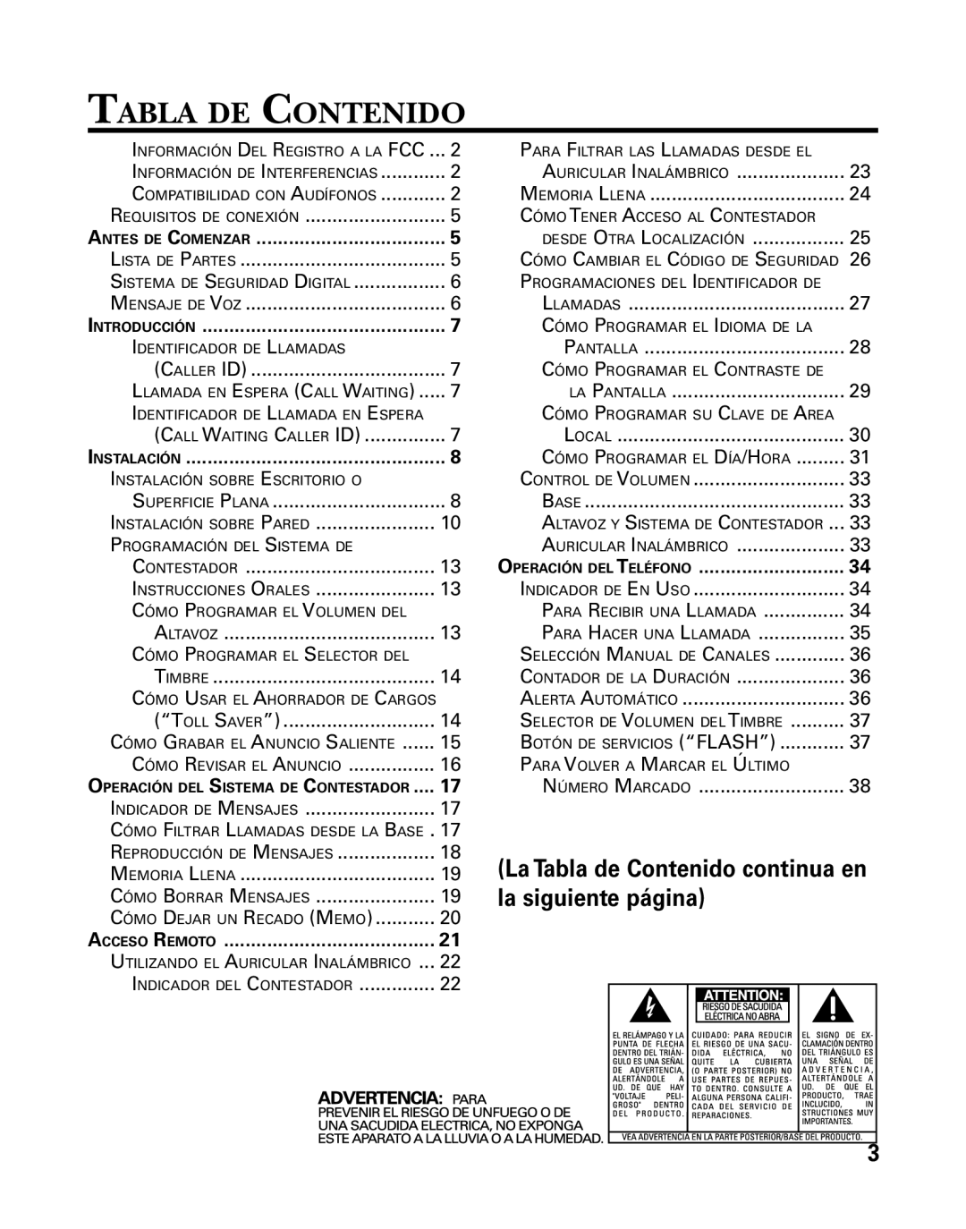 RCA 26958 manual Tabla DE Contenido, La Tabla de Contenido continua en la siguiente página 