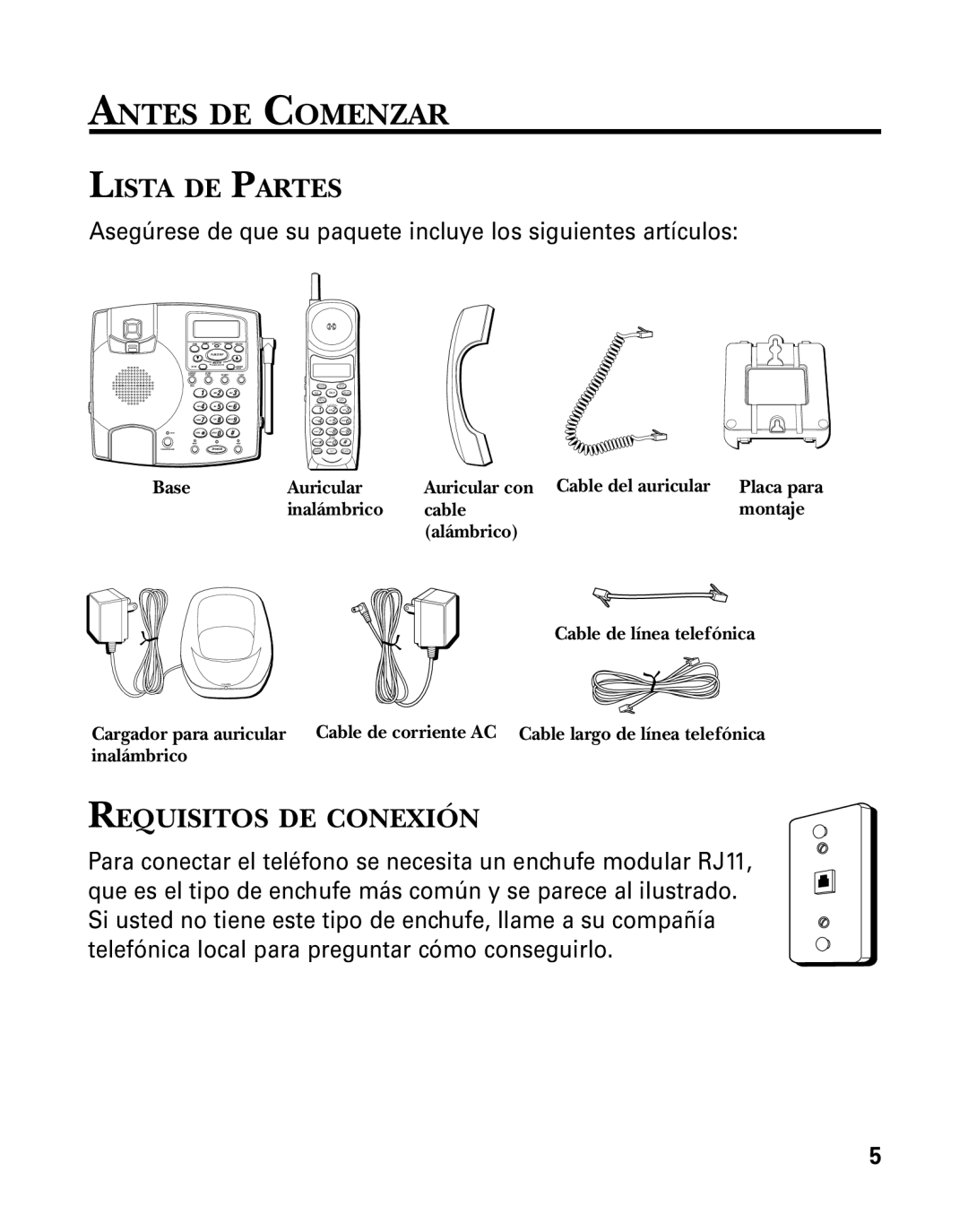 RCA 26958 manual Antes DE Comenzar, Lista DE Partes, Requisitos DE Conexión, Cable de línea telefónica, Inalámbrico 