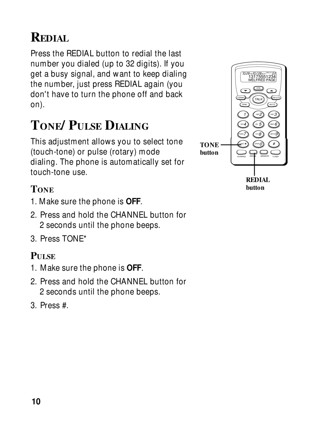 RCA 26970 manual Redial, TONE/PULSE Dialing, Tone, Pulse 