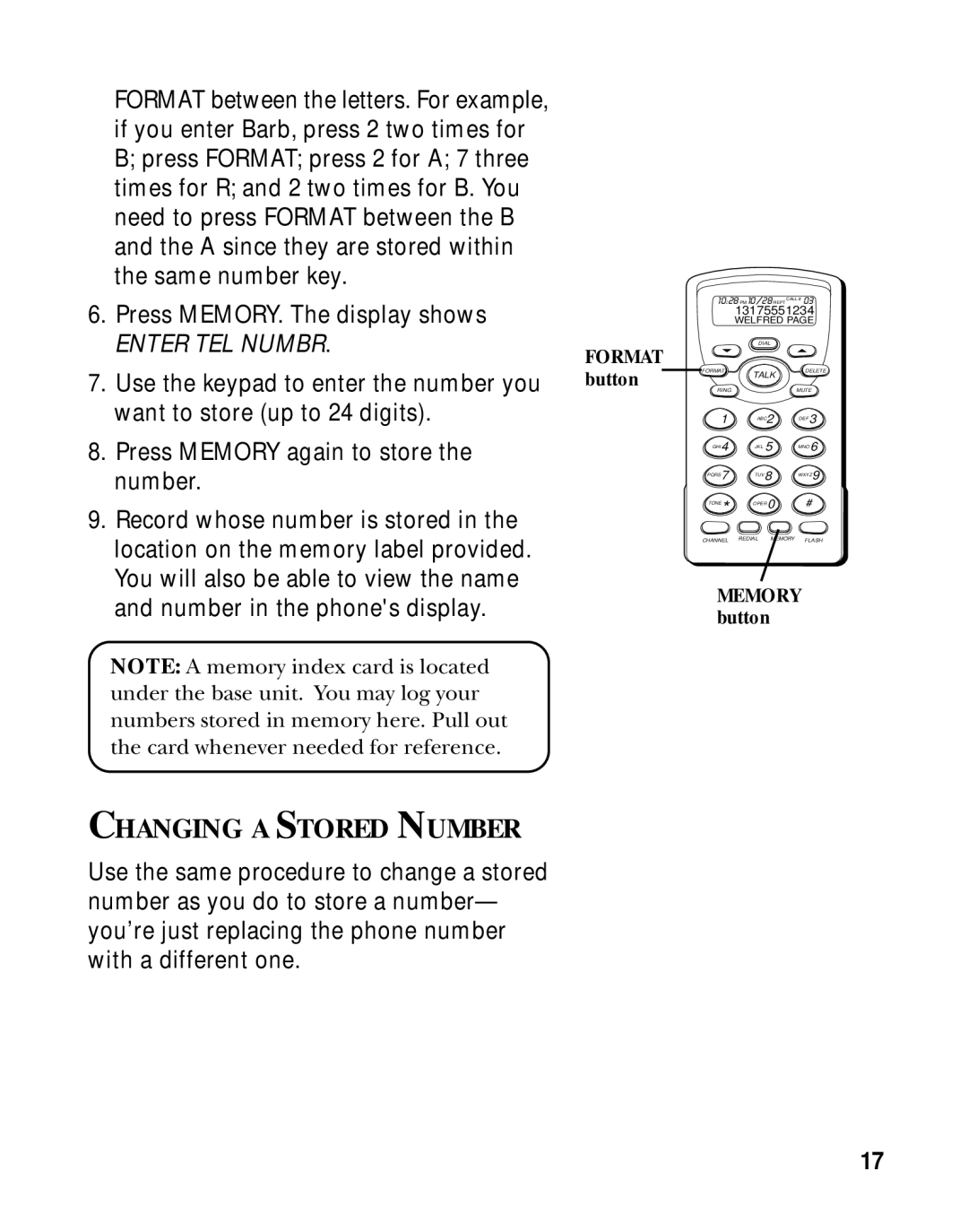 RCA 26970 manual Changing a Stored Number, Enter TEL Numbr 