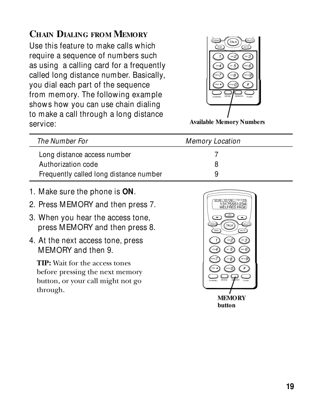 RCA 26970 manual At the next access tone, press Memory and then, Chain Dialing from Memory 