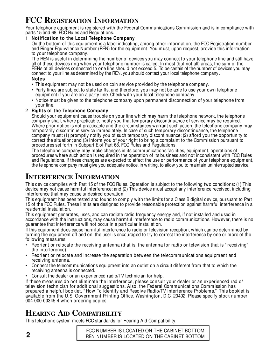 RCA 26970 manual FCC Registration Information, Interference Information, Hearing AID Compatibility 