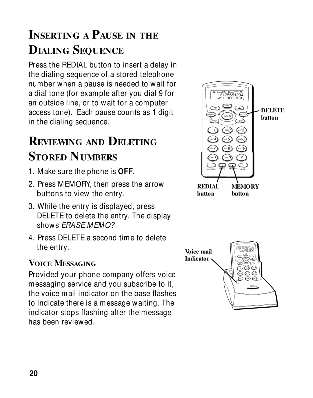 RCA 26970 manual Inserting a Pause Dialing Sequence, Reviewing and Deleting Stored Numbers, Voice Messaging 