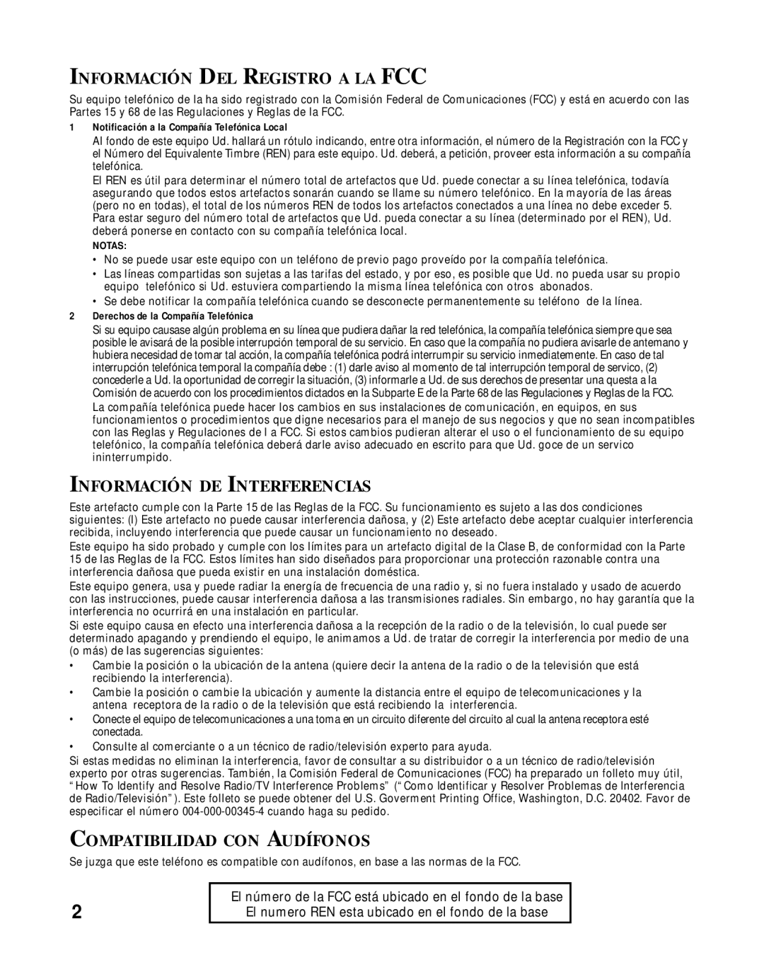 RCA 26970 manual Información DEL Registro a LA FCC, Información DE Interferencias, Compatibilidad CON Audífonos 