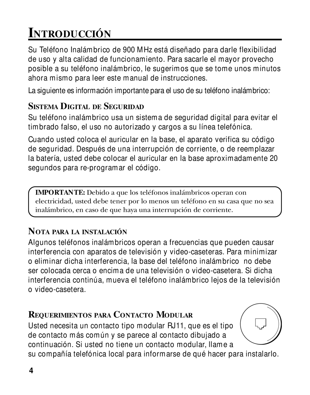 RCA 26970 manual Introducción, Sistema Digital DE Seguridad, Nota Para LA Instalación, Requerimientos Para Contacto Modular 