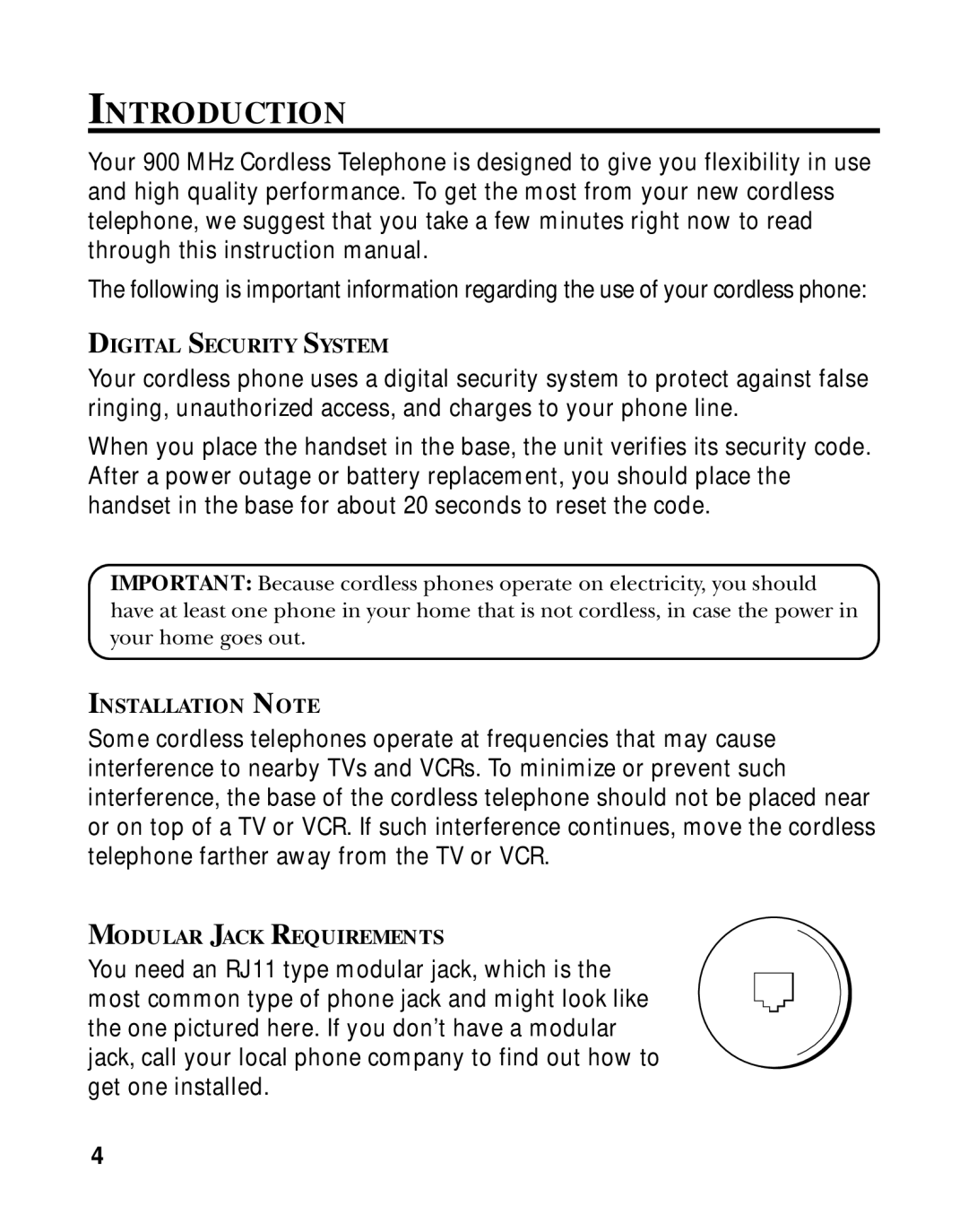 RCA 26970 manual Introduction, Digital Security System, Installation Note, Modular Jack Requirements 