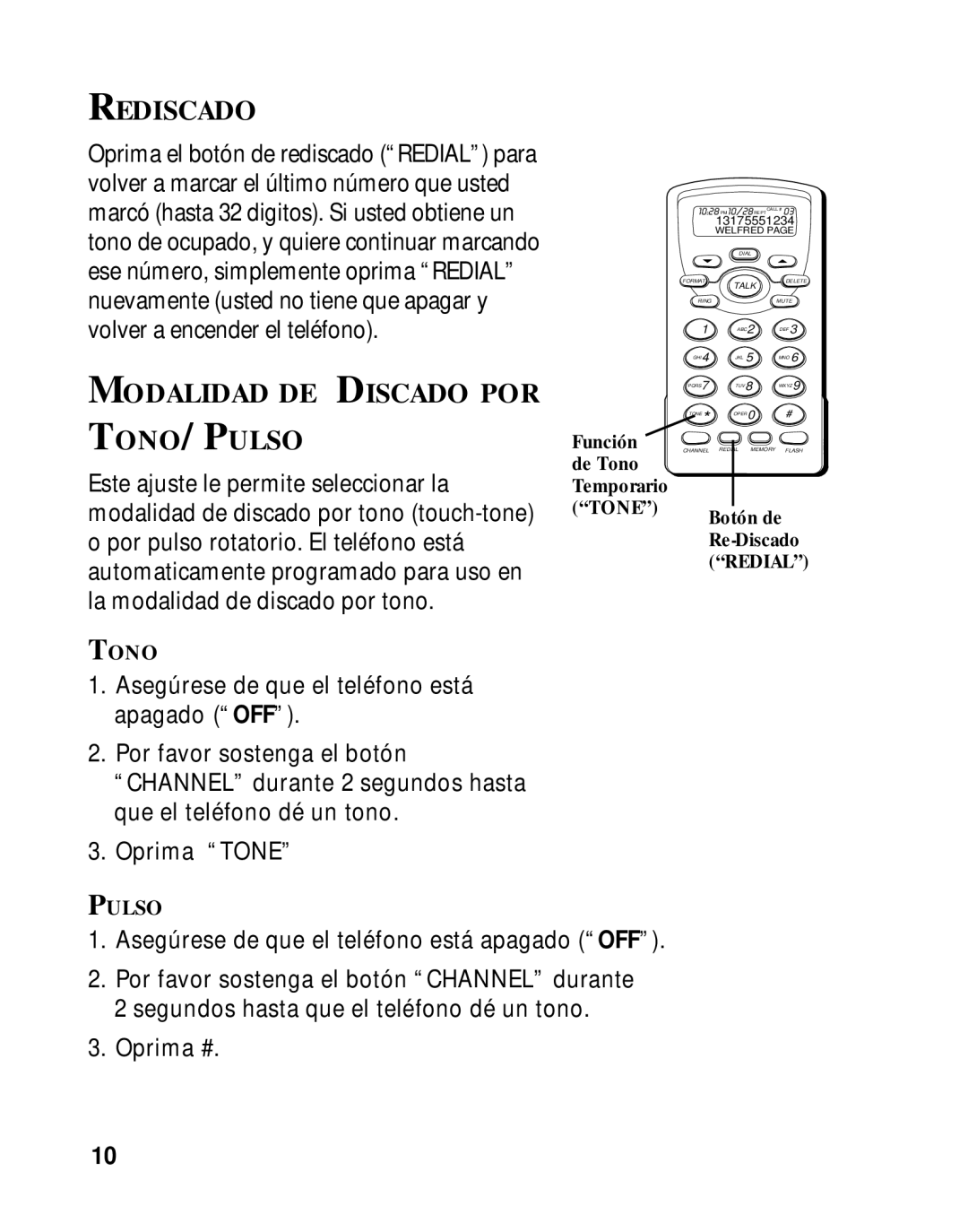 RCA 26970 manual Rediscado, Modalidad DE Discado POR TONO/PULSO, Tono, Pulso 