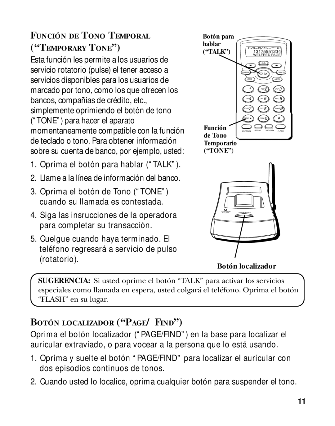 RCA 26970 manual Función DE Tono Temporal Temporary Tone, Botón Localizador PAGE/ Find 