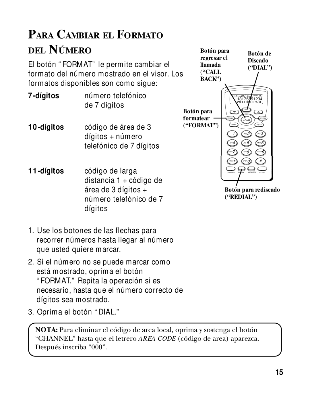 RCA 26970 manual Para Cambiar EL Formato DEL Número, Call, Back 