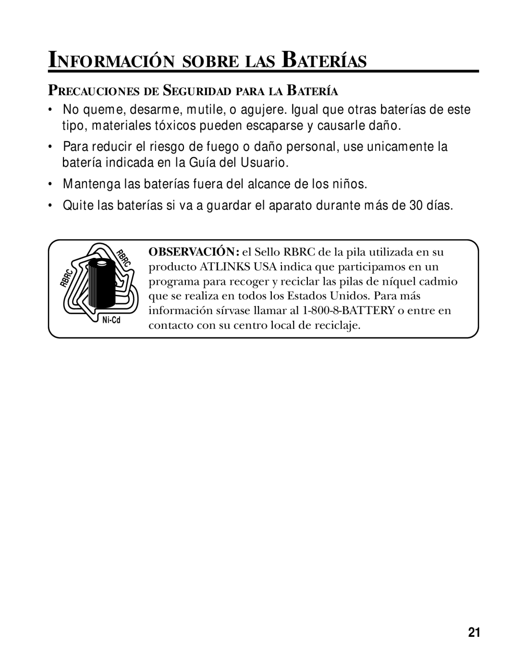 RCA 26970 manual Información Sobre LAS Baterías, Precauciones DE Seguridad Para LA Batería 