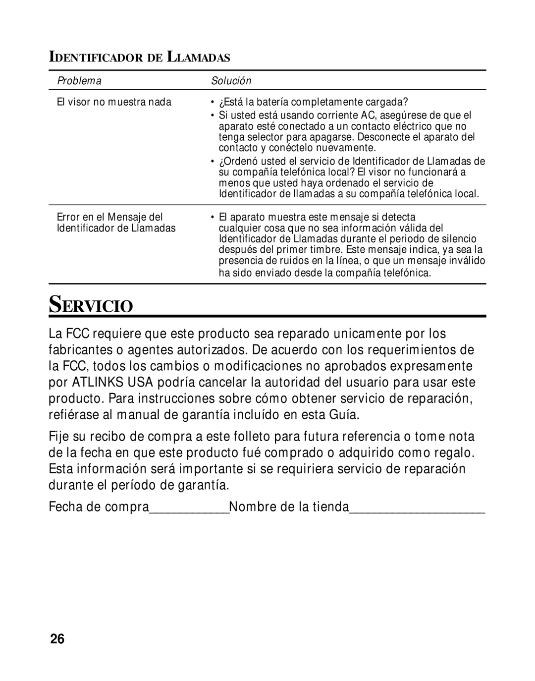 RCA 26970 manual Servicio, Identificador DE Llamadas 