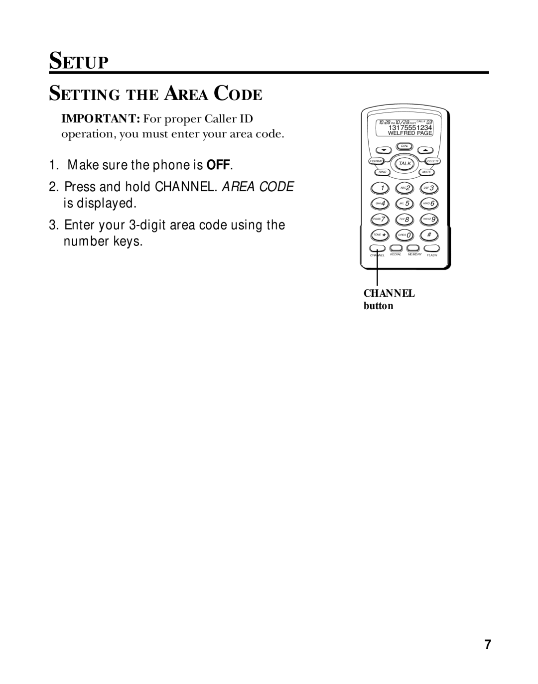 RCA 26970 manual Setup, Setting the Area Code 