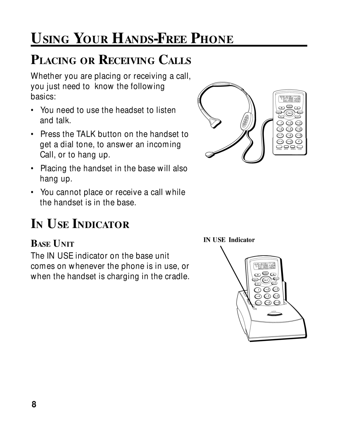 RCA 26970 manual Using Your HANDS-FREE Phone, Placing or Receiving Calls, USE Indicator, Base Unit 