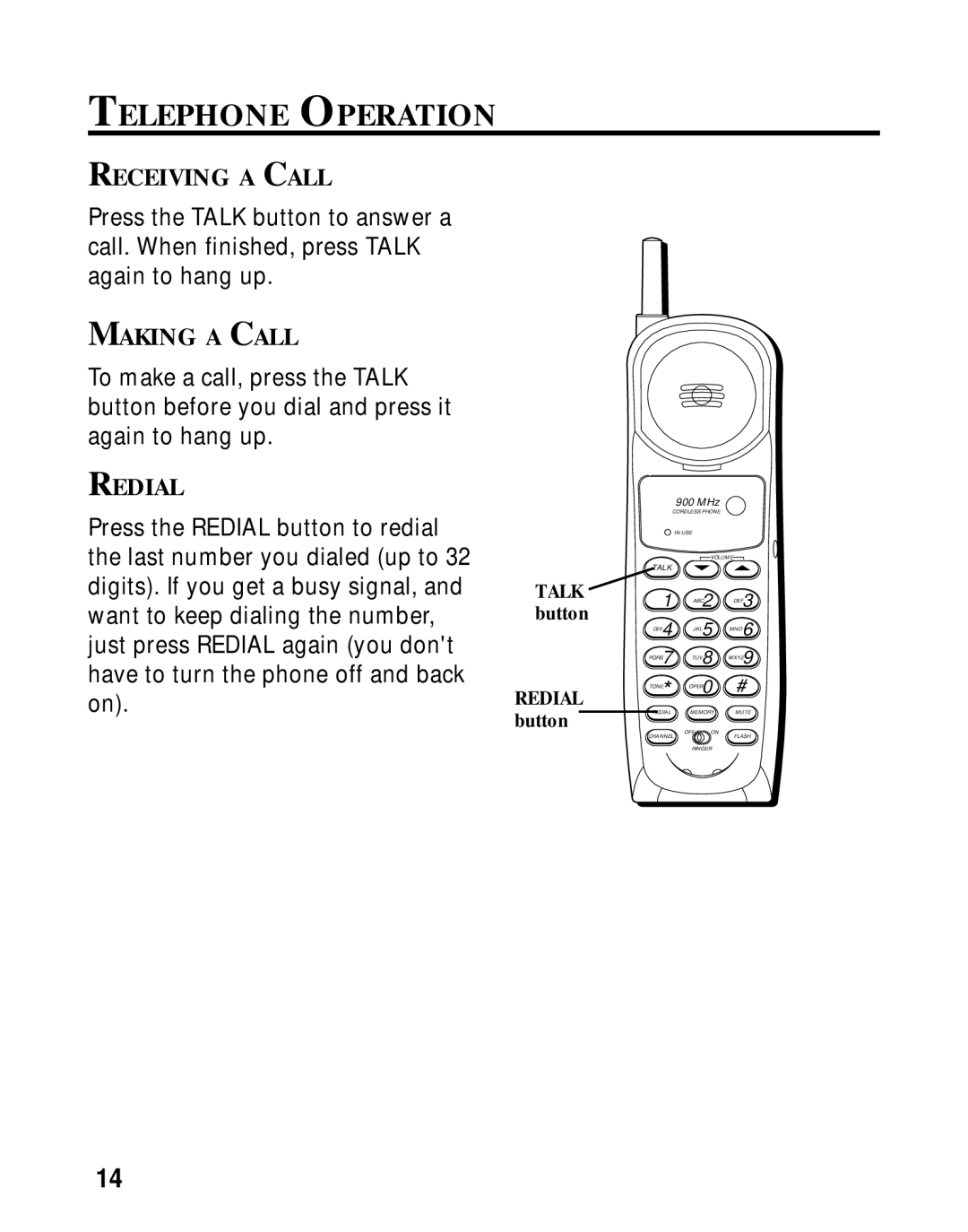 RCA 26980/26981 manual Telephone Operation, Receiving a Call, Making a Call, Redial 