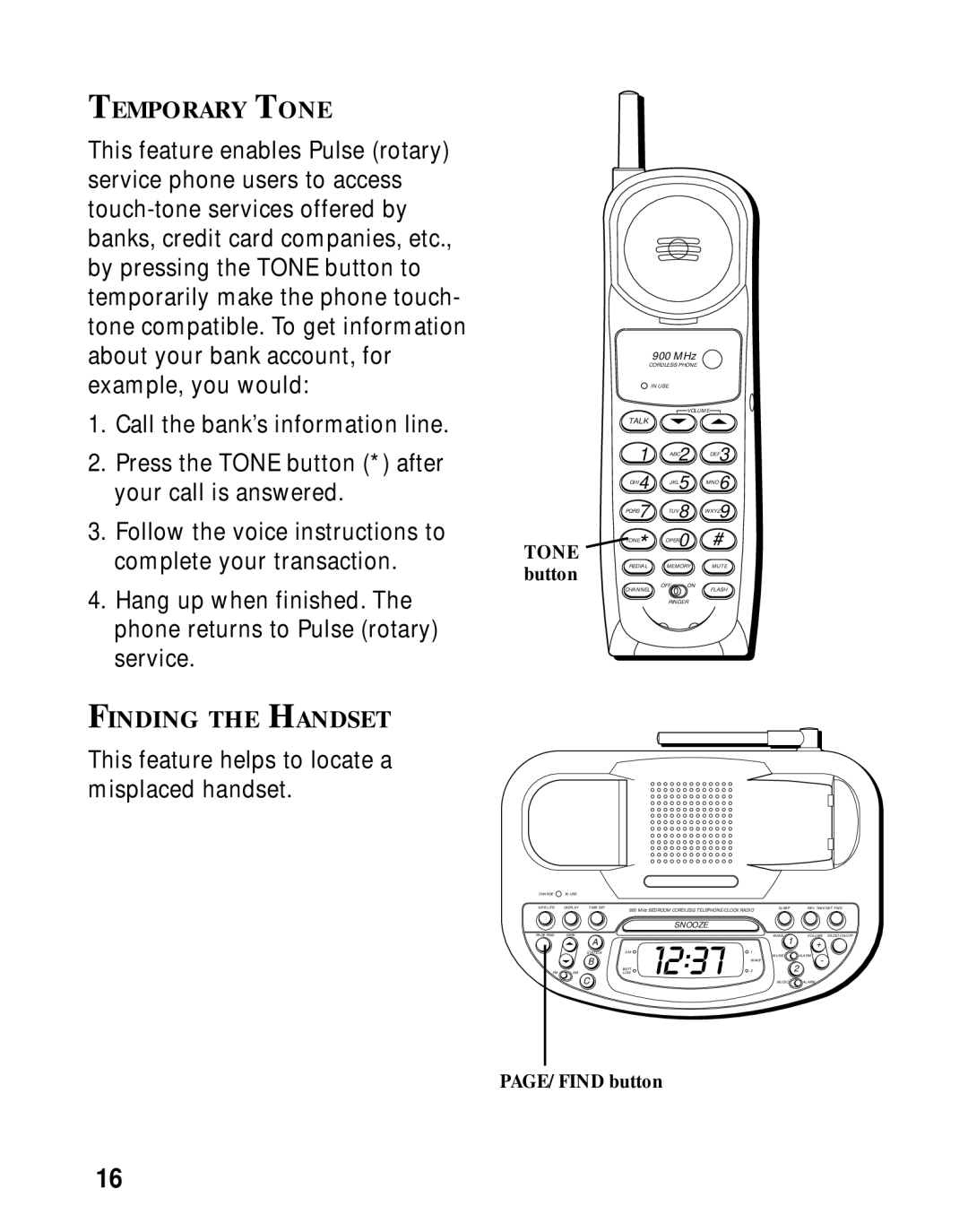 RCA 26980/26981 manual Temporary Tone, Finding the Handset 