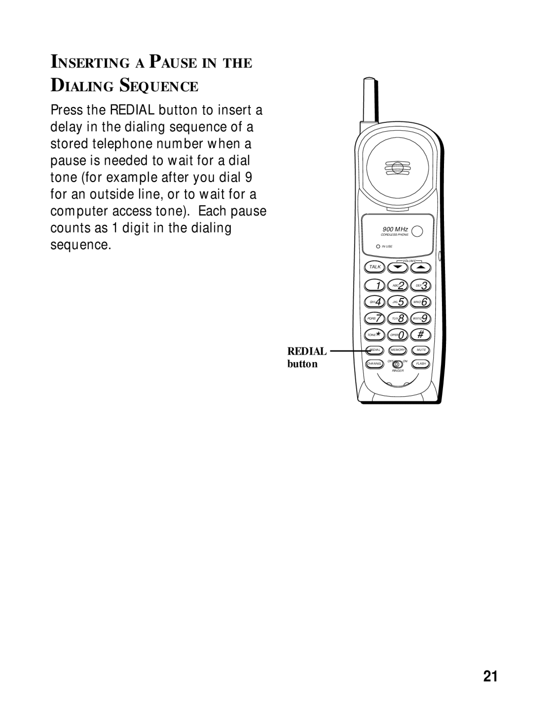 RCA 26980/26981 manual Inserting a Pause Dialing Sequence, Redial button 