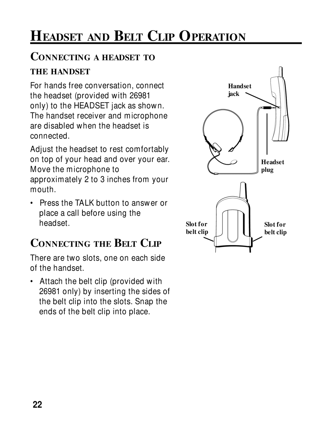 RCA 26980/26981 manual Headset and Belt Clip Operation, Connecting a Headset to Handset, Connecting the Belt Clip 