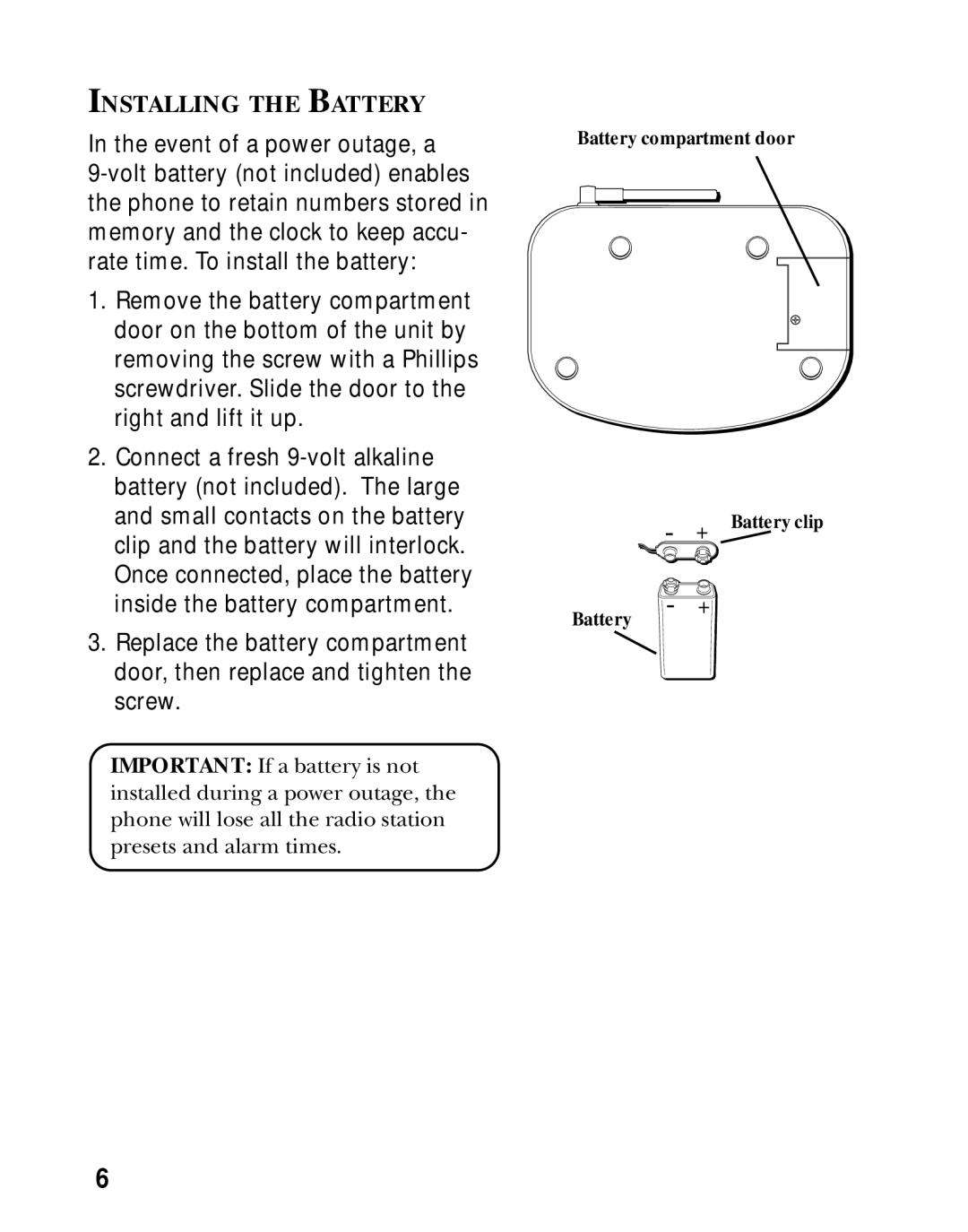 RCA 26980/26981 manual Installing the Battery 