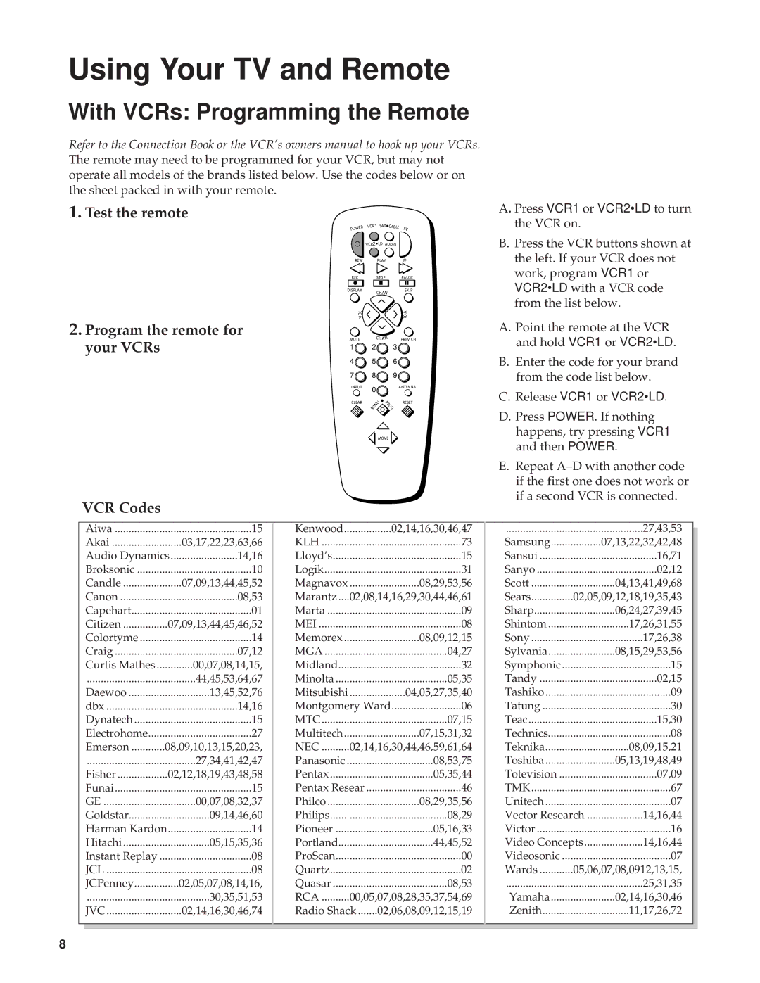 RCA RBA27500, 27000 With VCRs Programming the Remote, Test the remote, Program the remote for, Your VCRs, VCR Codes 