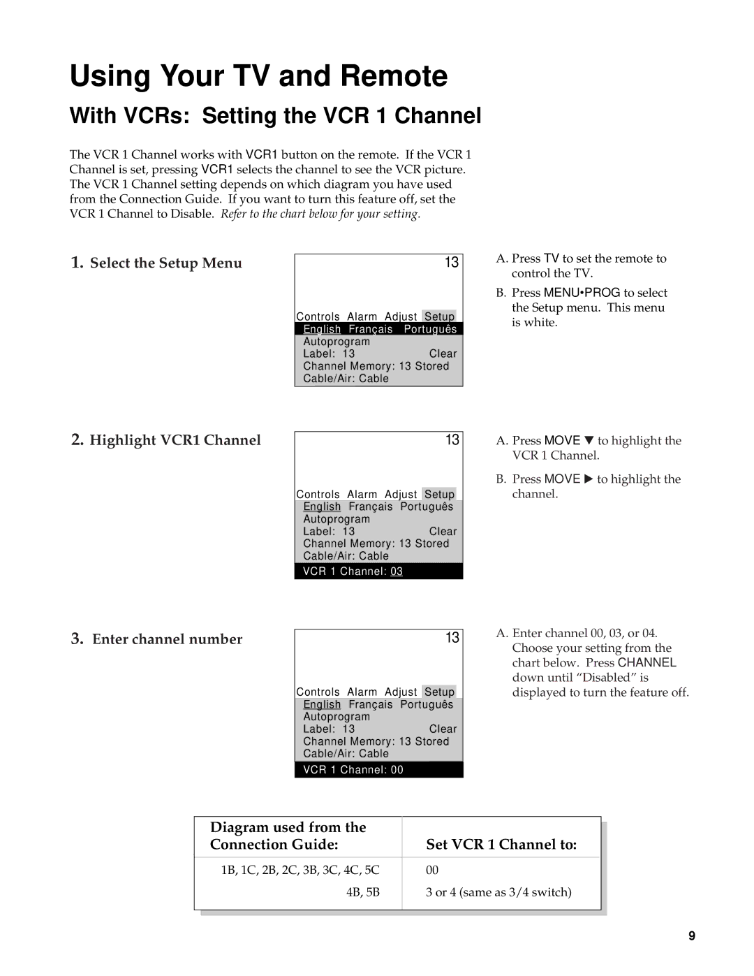 RCA RBA27500, 27000 manual With VCRs Setting the VCR 1 Channel, Select the Setup Menu, Highlight VCR1 Channel 